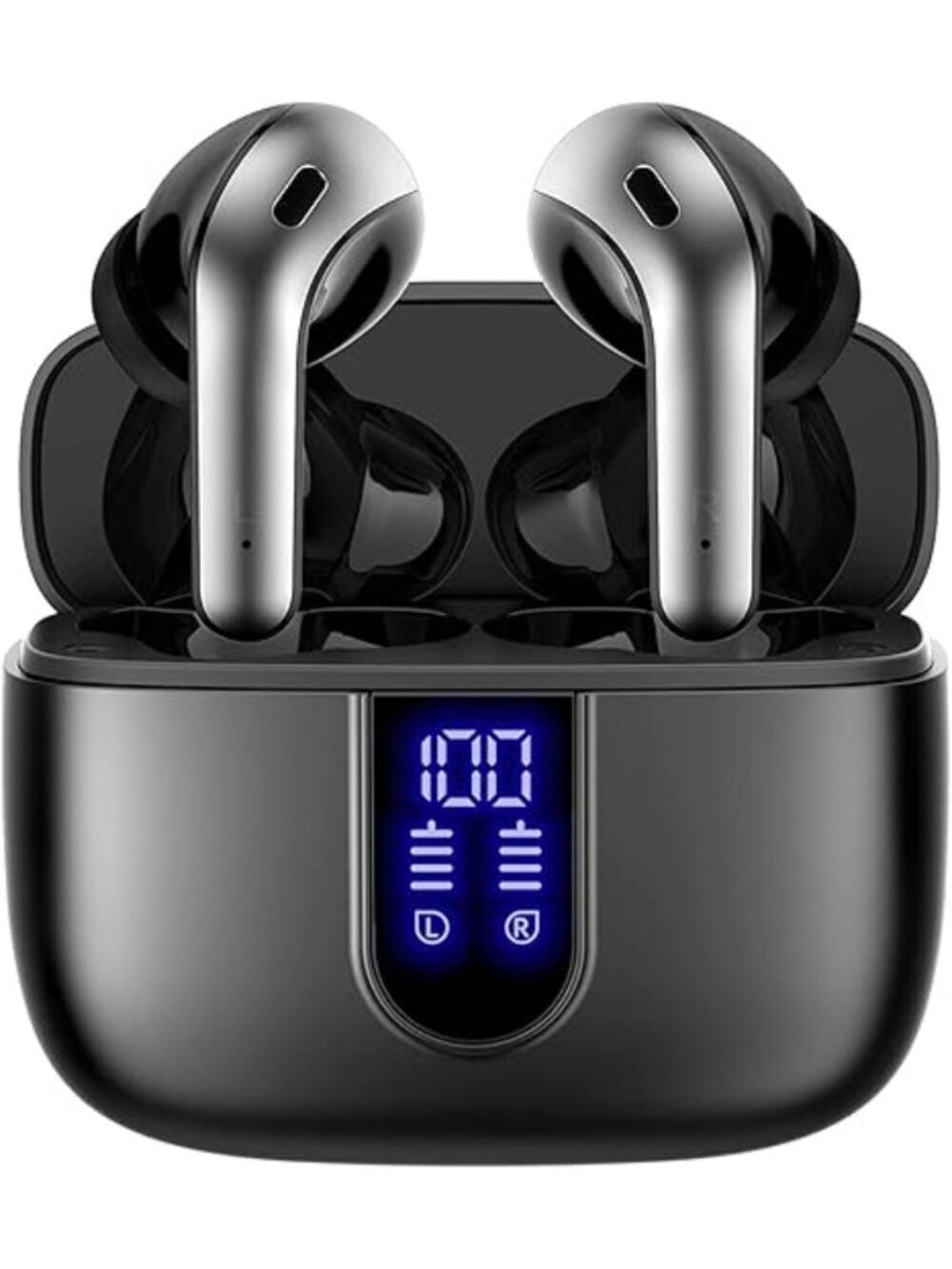 Black Bluetooth Headphones True Wireless Earbuds LED Power Display with Mic